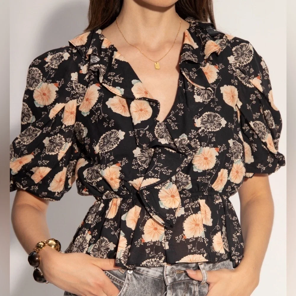 Ulla Johnson Nadya Short Sleeve Blouse Noir Floral Size 2